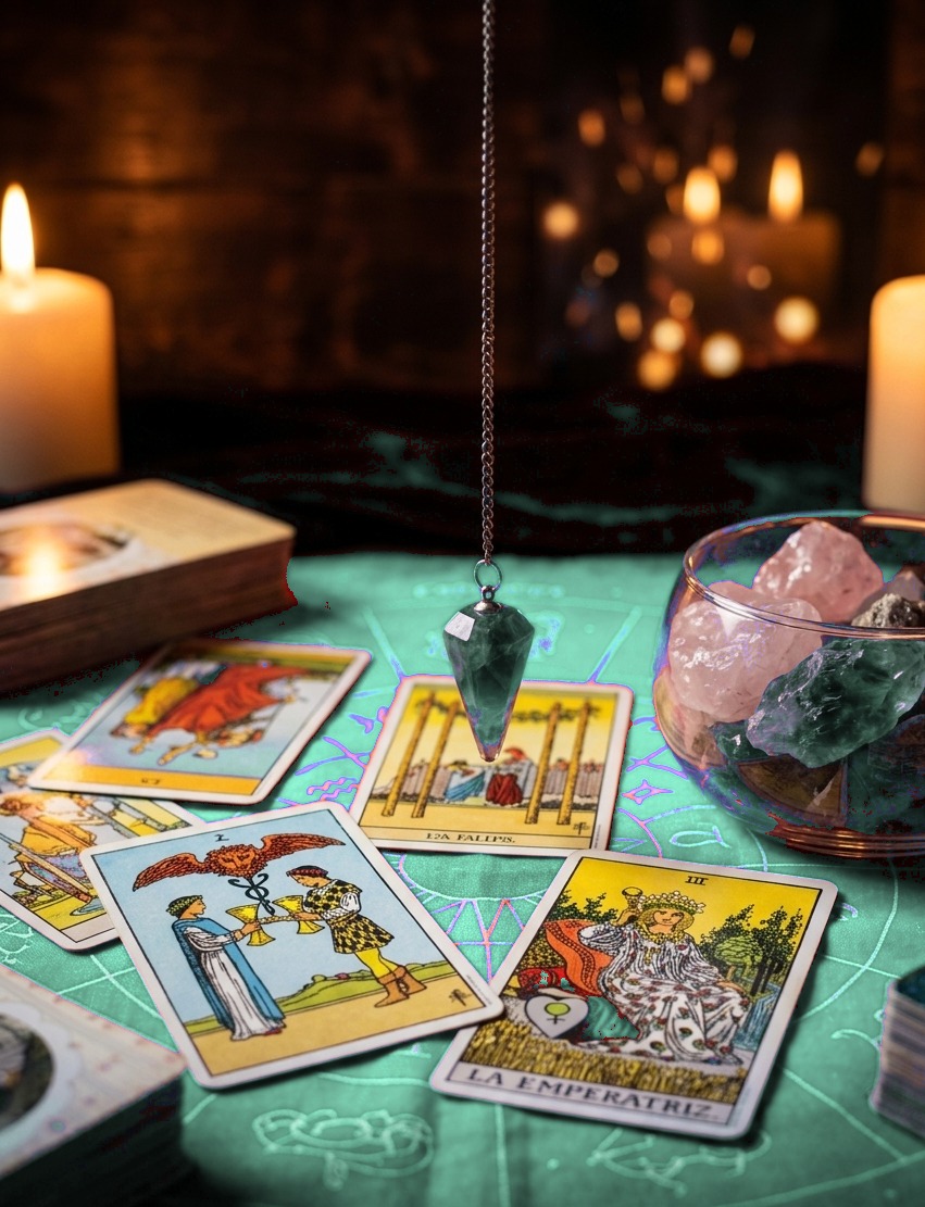 Péndulo y cartas de tarot sobre la mesa de lectura de Aula Tarot